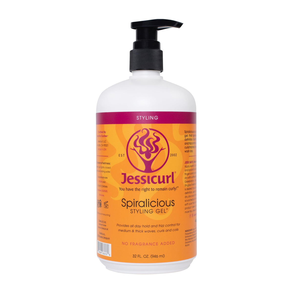 Jessicurl Spiralicious front bottle showing label and size, highlights clean ingredients