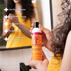 Jessicurl pump close-up dispensing gel, demonstrates easy-control application