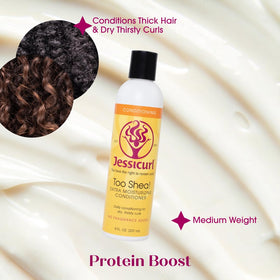 Hand applying Jessicurl Too Shea to wet curls showing easy detangling benefit