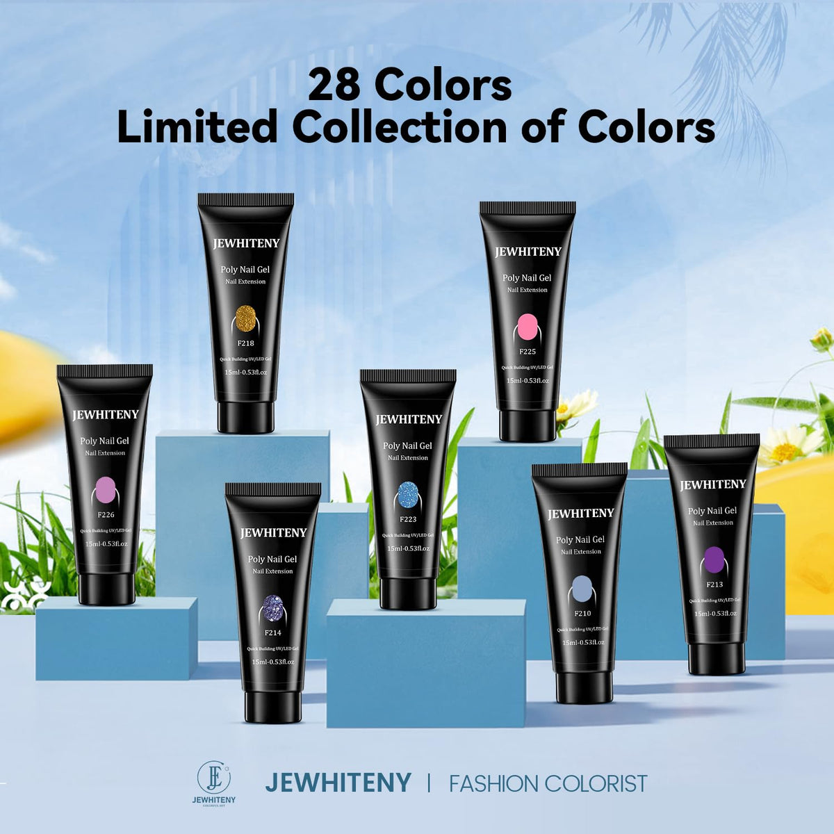 JEWHITENY opened bottles with color swatches to visualize shade options