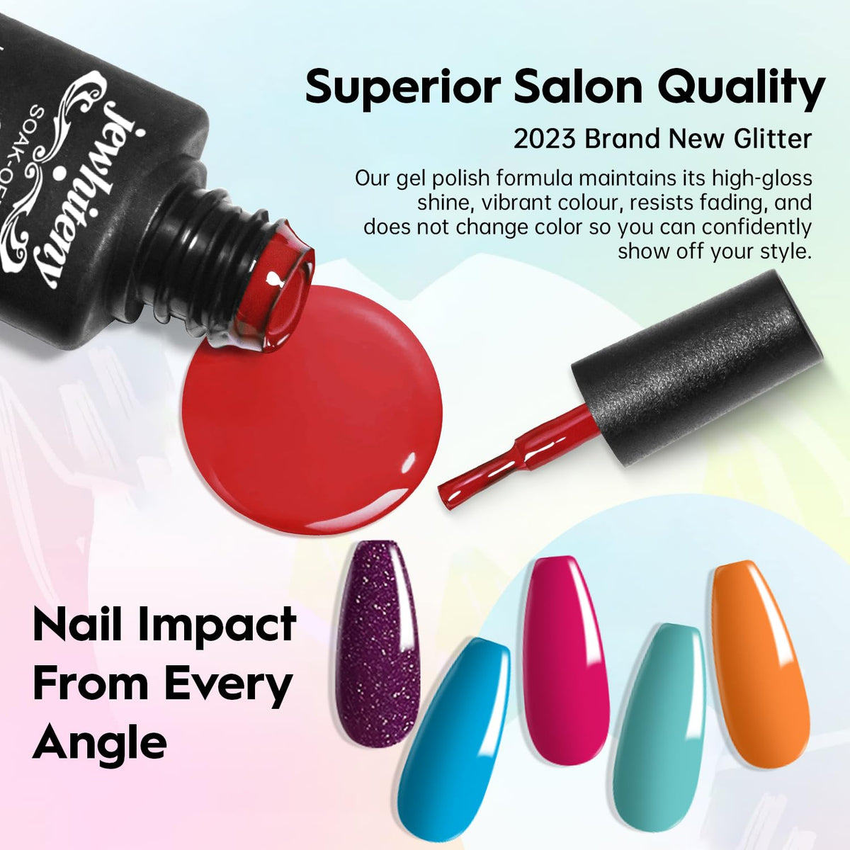 JEWHITENY organized display of 27 gel polish bottles providing many seasonal color options