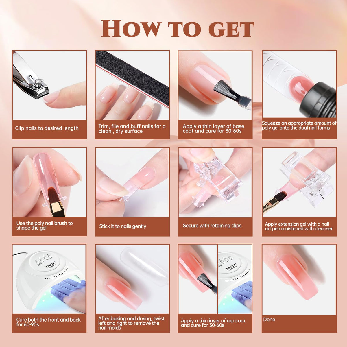 JEWHITENY hand applying poly gel on a dual form showing easy, mess-free sculpting