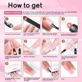 JEWHITENY hand applying poly gel demonstrating easy at-home extension process
