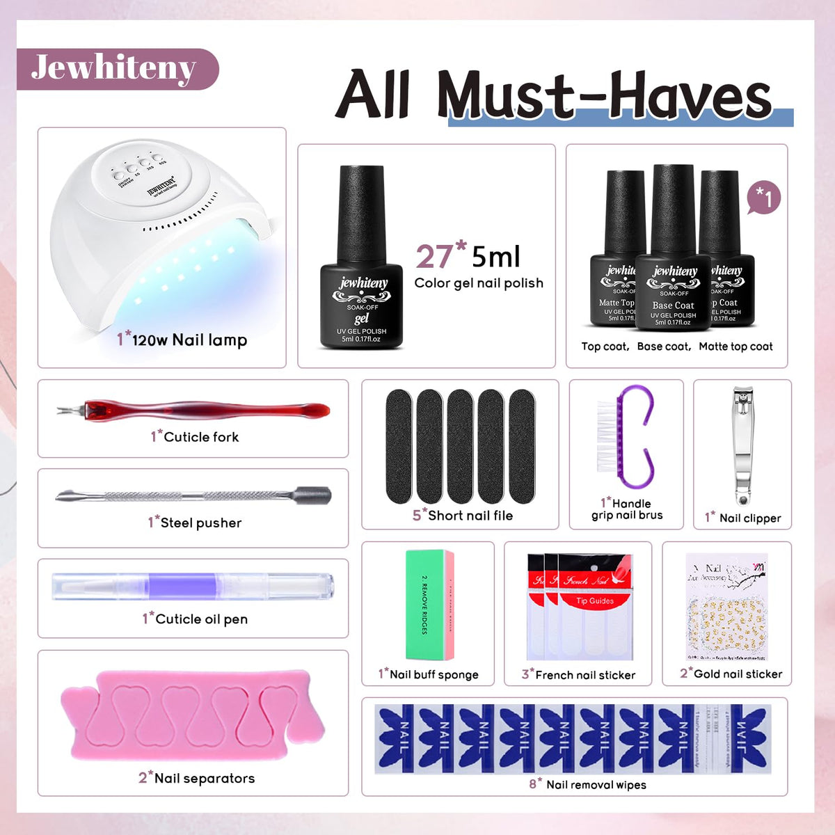 JEWHITENY array of 27 gel shades lined up to show color variety