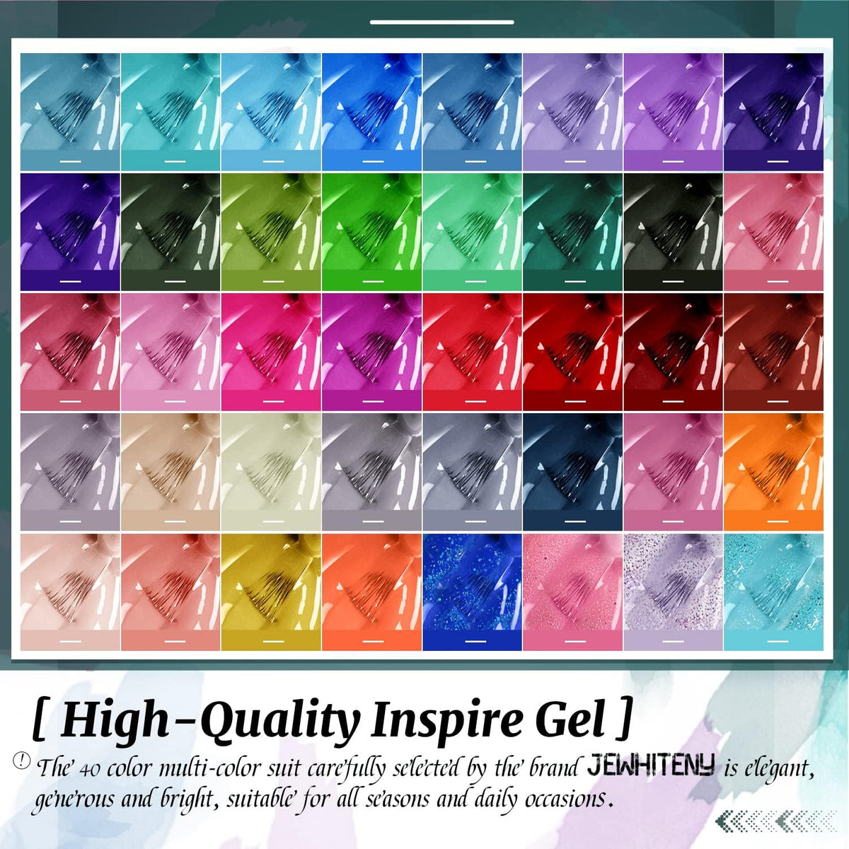 JEWHITENY flatlay of 40 color bottles displaying wide shade selection
