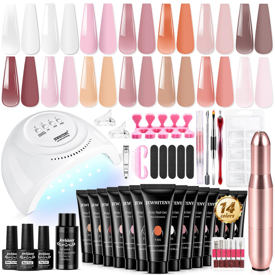 JEWHITENY front packaging showing full all-in-one poly gel kit and tools for convenience