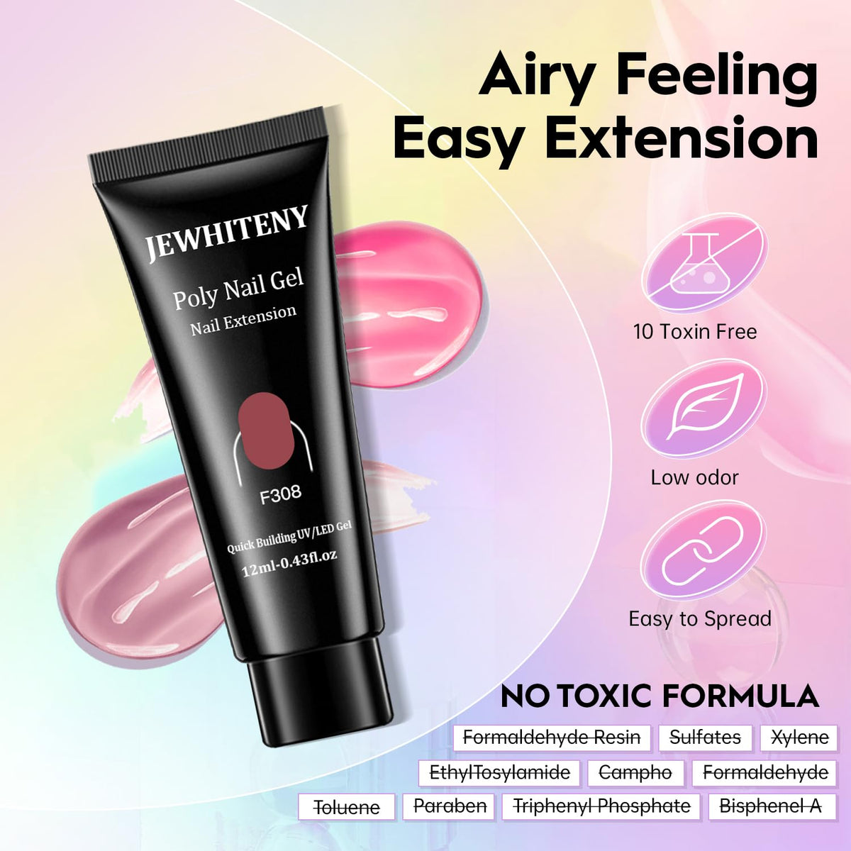 JEWHITENY close-up of poly gel tubes showing texture and labeled colors for easy selection