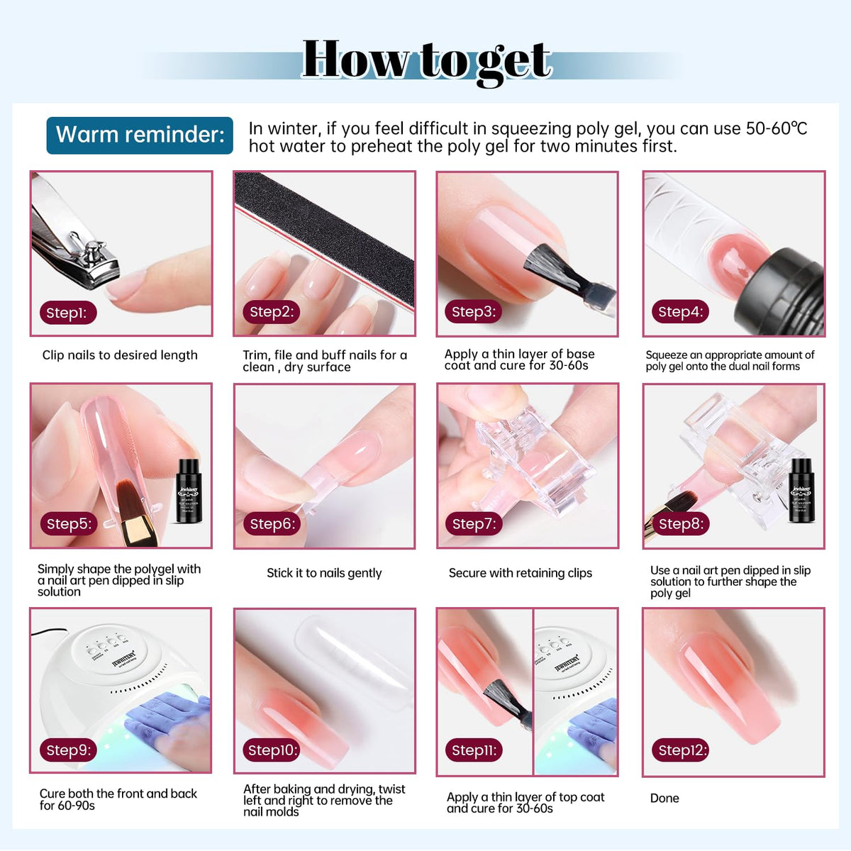 JEWHITENY poly gel texture closeup highlighting smooth, flexible formula