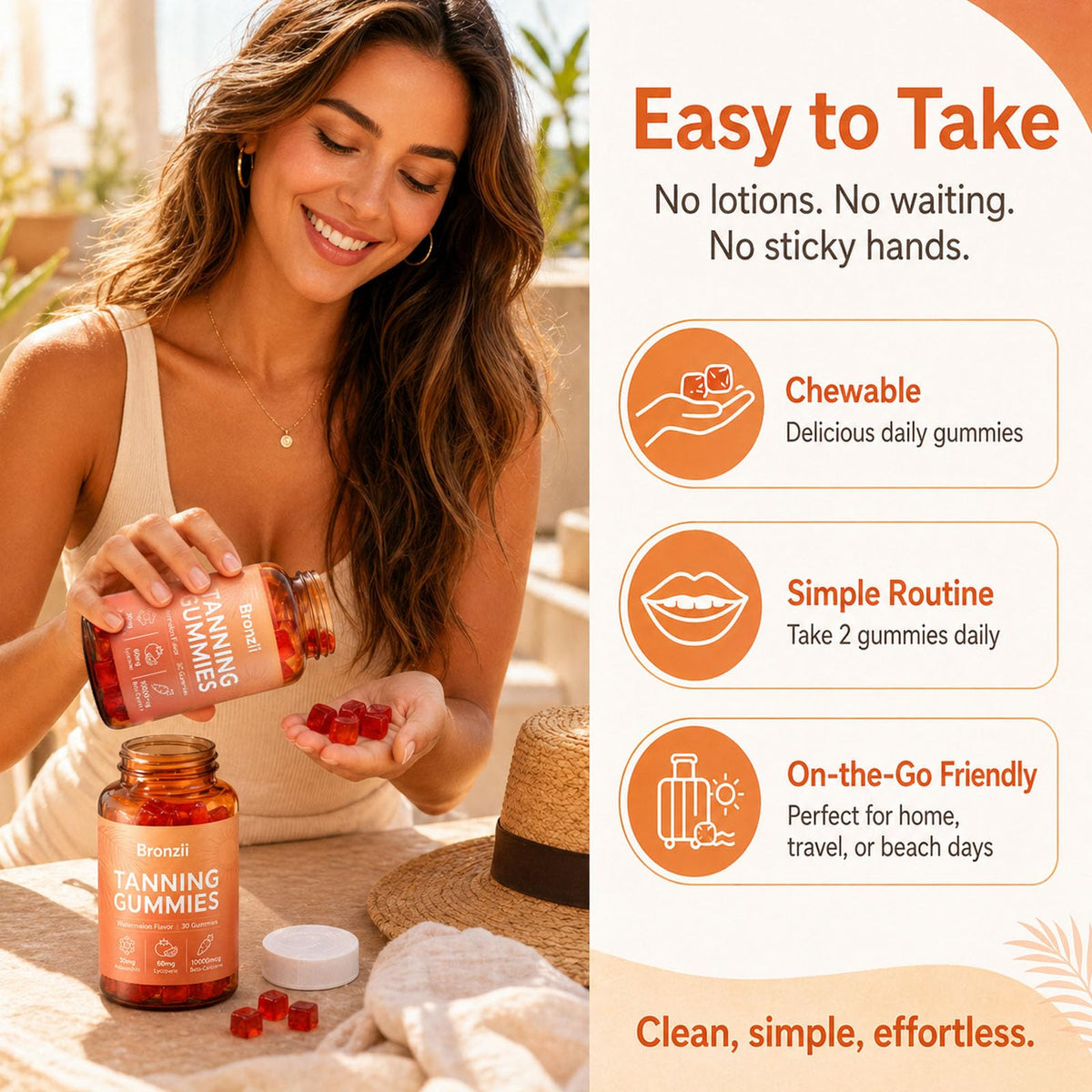 Bronzii bottle in a beach bag lifestyle shot showing Jfsyb suitability for pre-sun routines