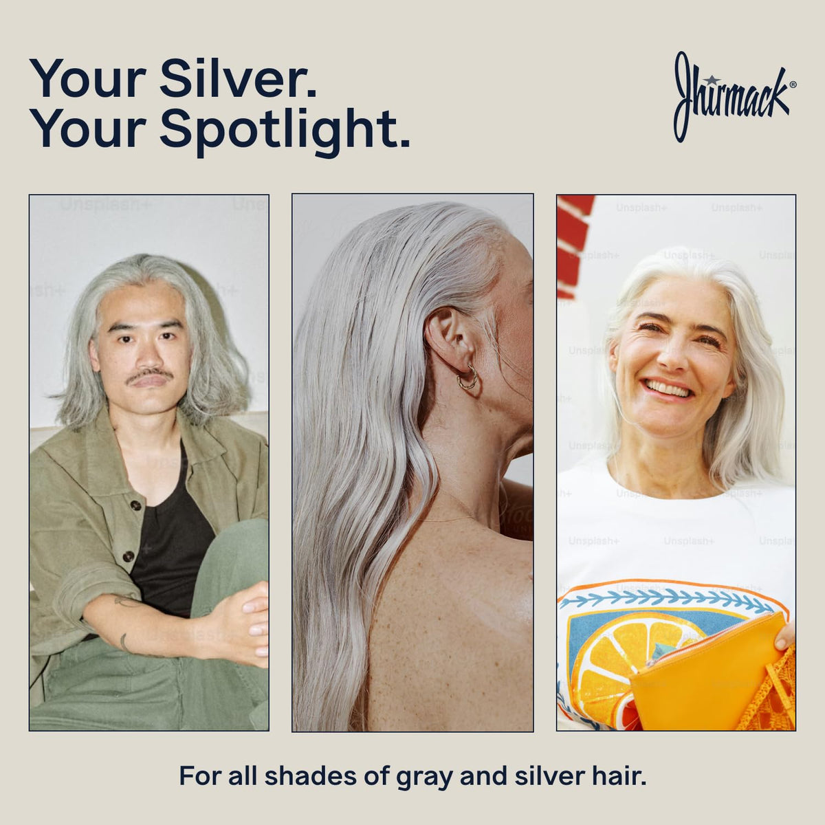 jhirmack model with silver hair showing softened, shiny results