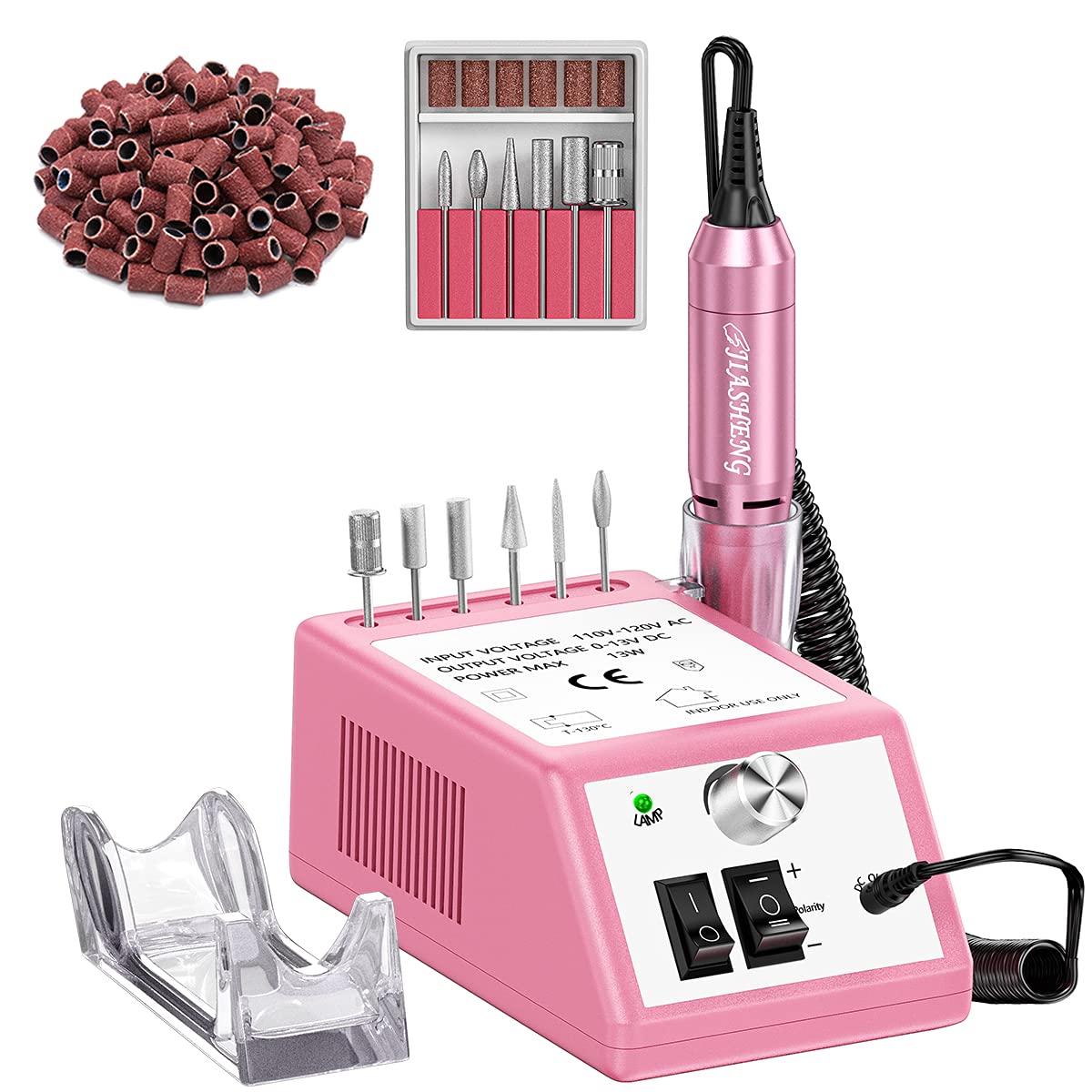 JIASHENG front view of pink electric nail drill kit showing compact base and handpiece for salon use