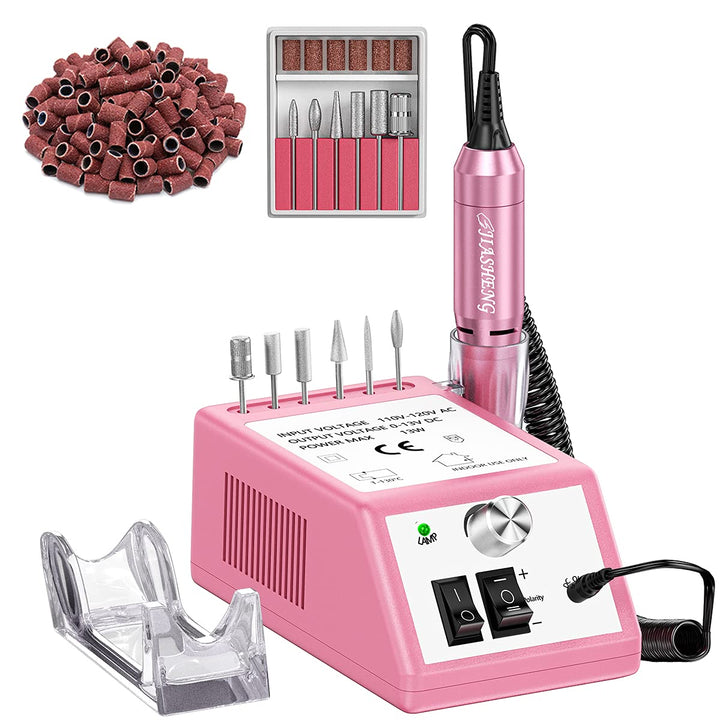 JIASHENG front view of pink electric nail drill kit showing compact base and handpiece for salon use
