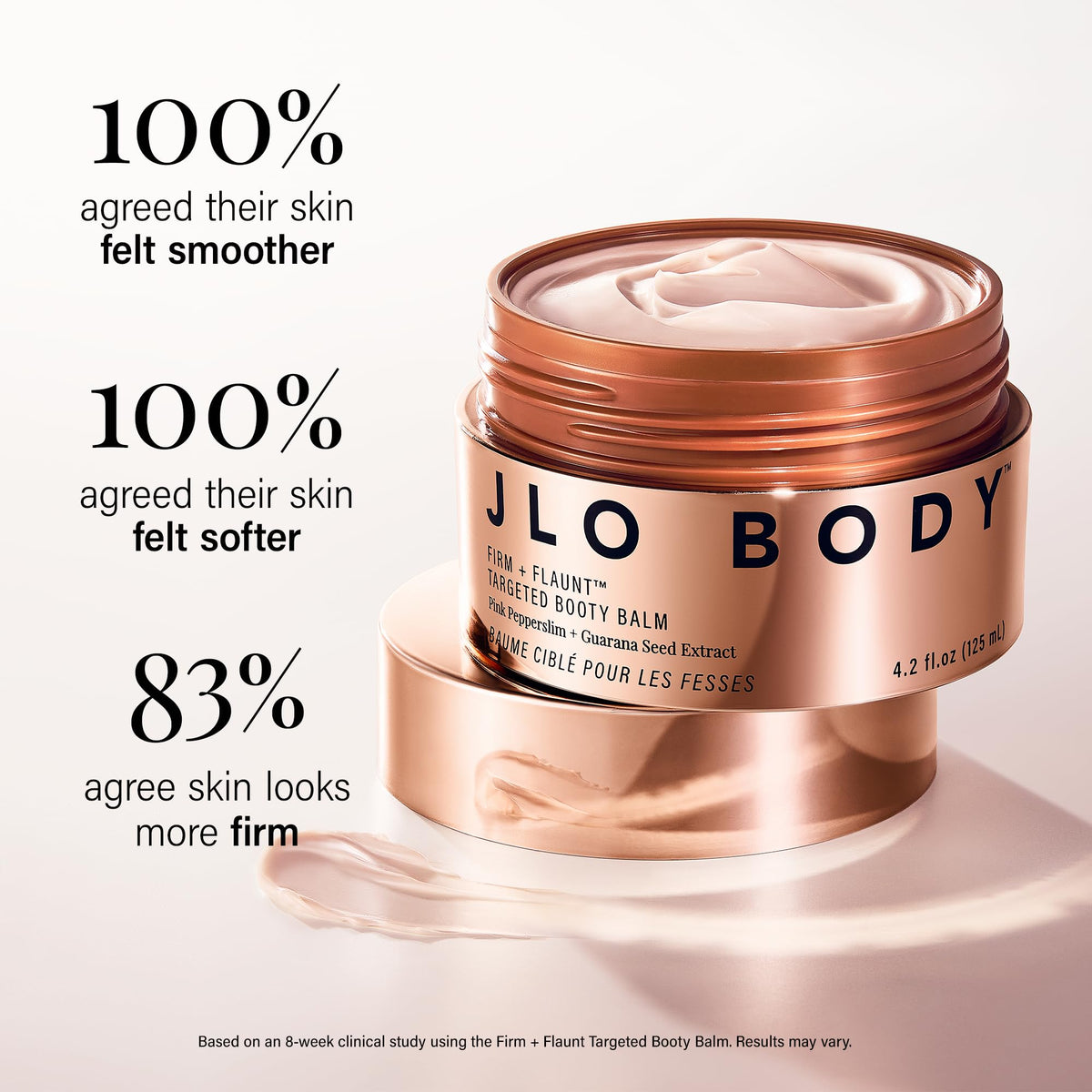 JLO BEAUTY balm being massaged into thigh for smoother-looking skin