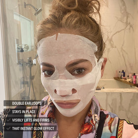 JLO BEAUTY mask worn on face showing immediate dewy appearance and comfort