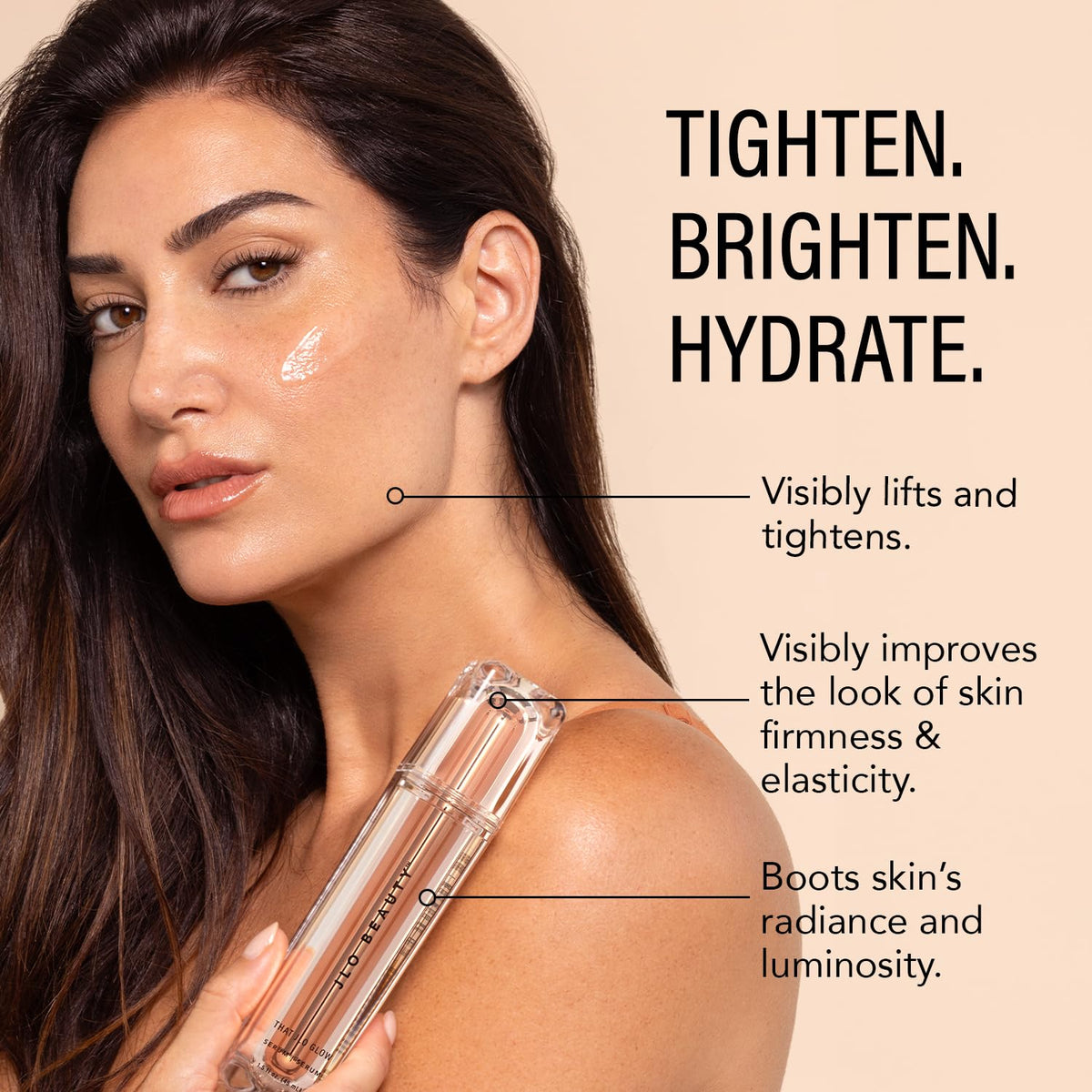 JLO BEAUTY serum in hand showing product size and travel-friendly benefit