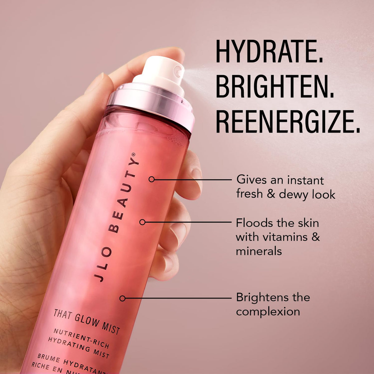 JLO BEAUTY spray nozzle closeup demonstrating fine mist for even coverage