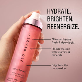 JLO BEAUTY spray nozzle closeup demonstrating fine mist for even coverage