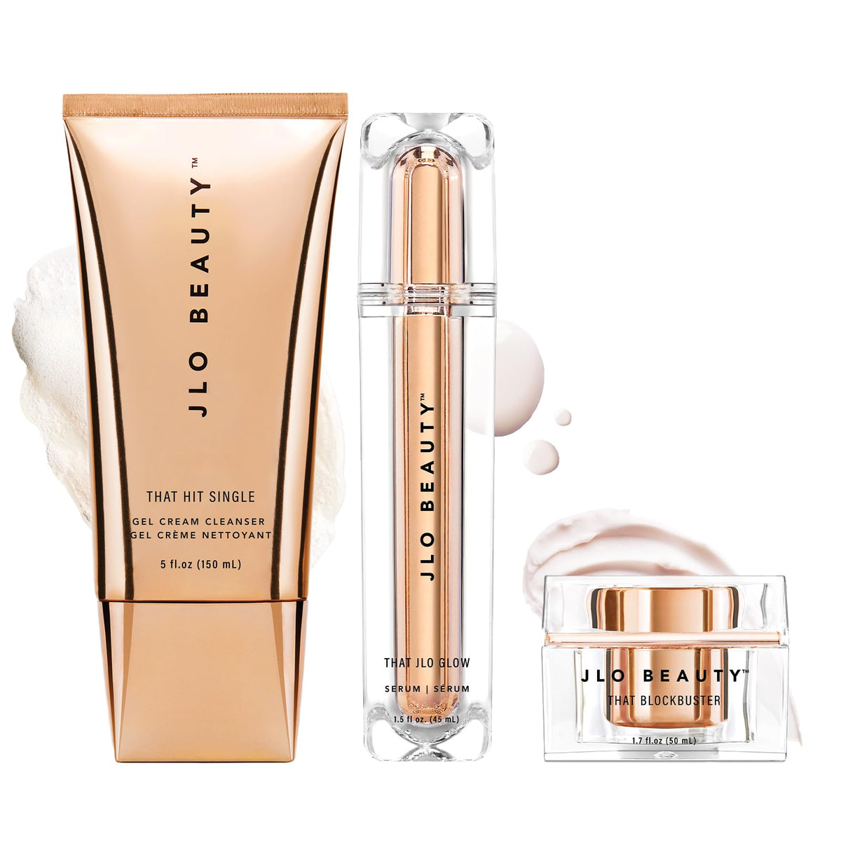 JLO BEAUTY starter kit front packaging showing all three products and benefits