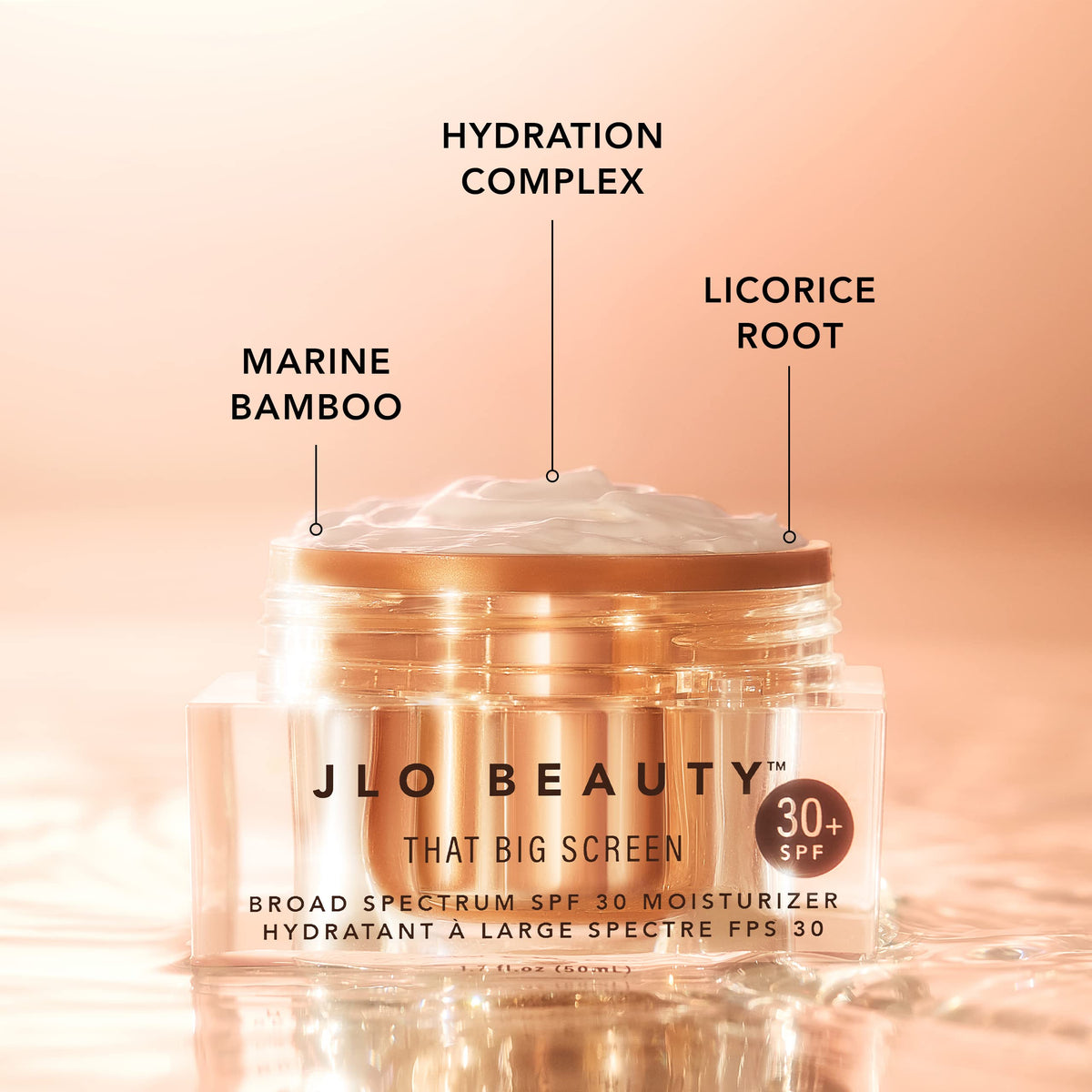 JLO BEAUTY product label highlighting ingredients and SPF details