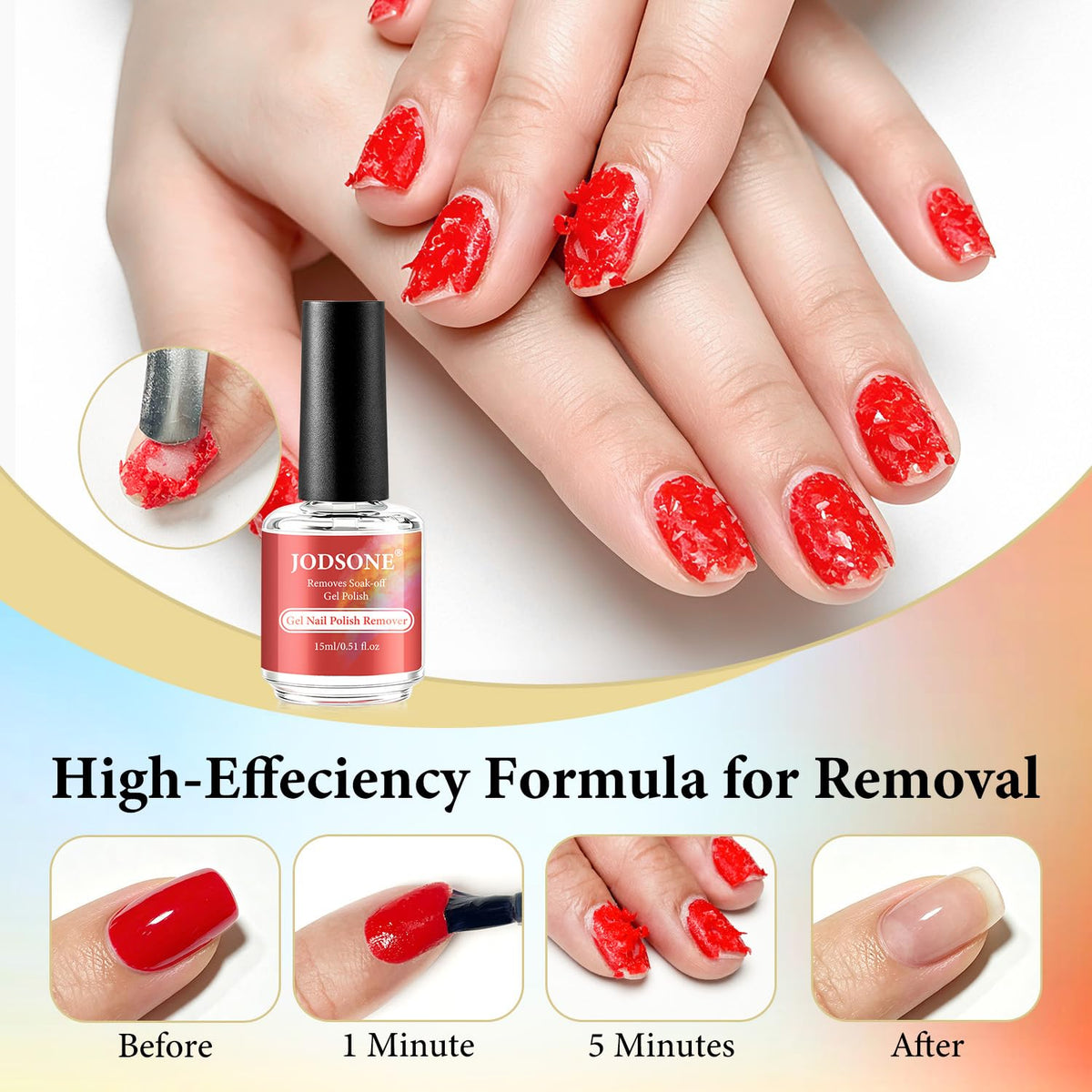 JODSONE 15ml gel nail polish remover bottle close-up highlighting quick softening action