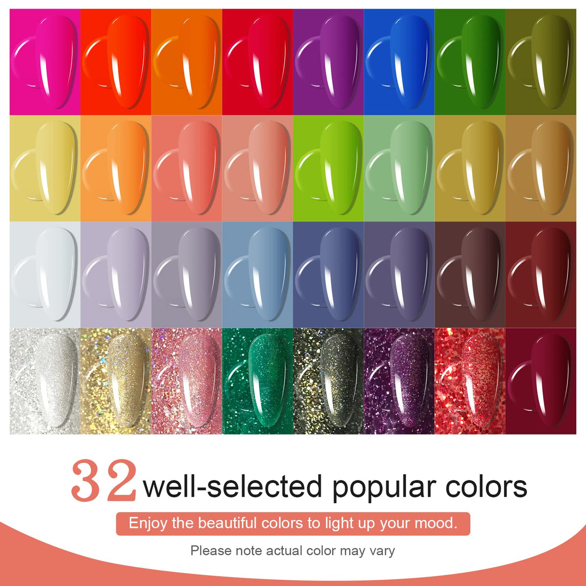 JODSONE thirty-two gel polish bottles arranged to showcase color variety