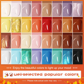 JODSONE spread of 32 gel polish colors showing shade variety and versatility