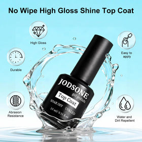 JODSONE base and top coat bottles displayed, providing smooth adhesion and shine
