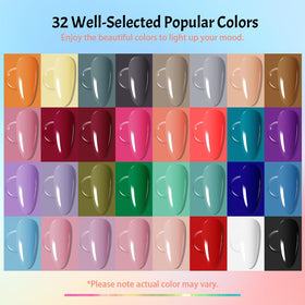 JODSONE color array flatlay of 32 gel polishes for shade selection