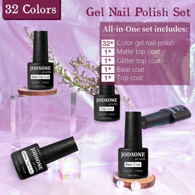 JODSONE color array flatlay displaying 32 vibrant gel shades clearly