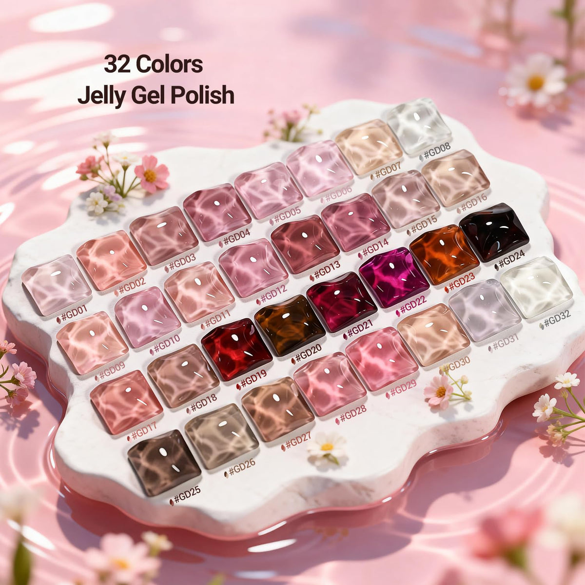 JODSONE color array of 32 jelly gel bottles arranged to show shade variety