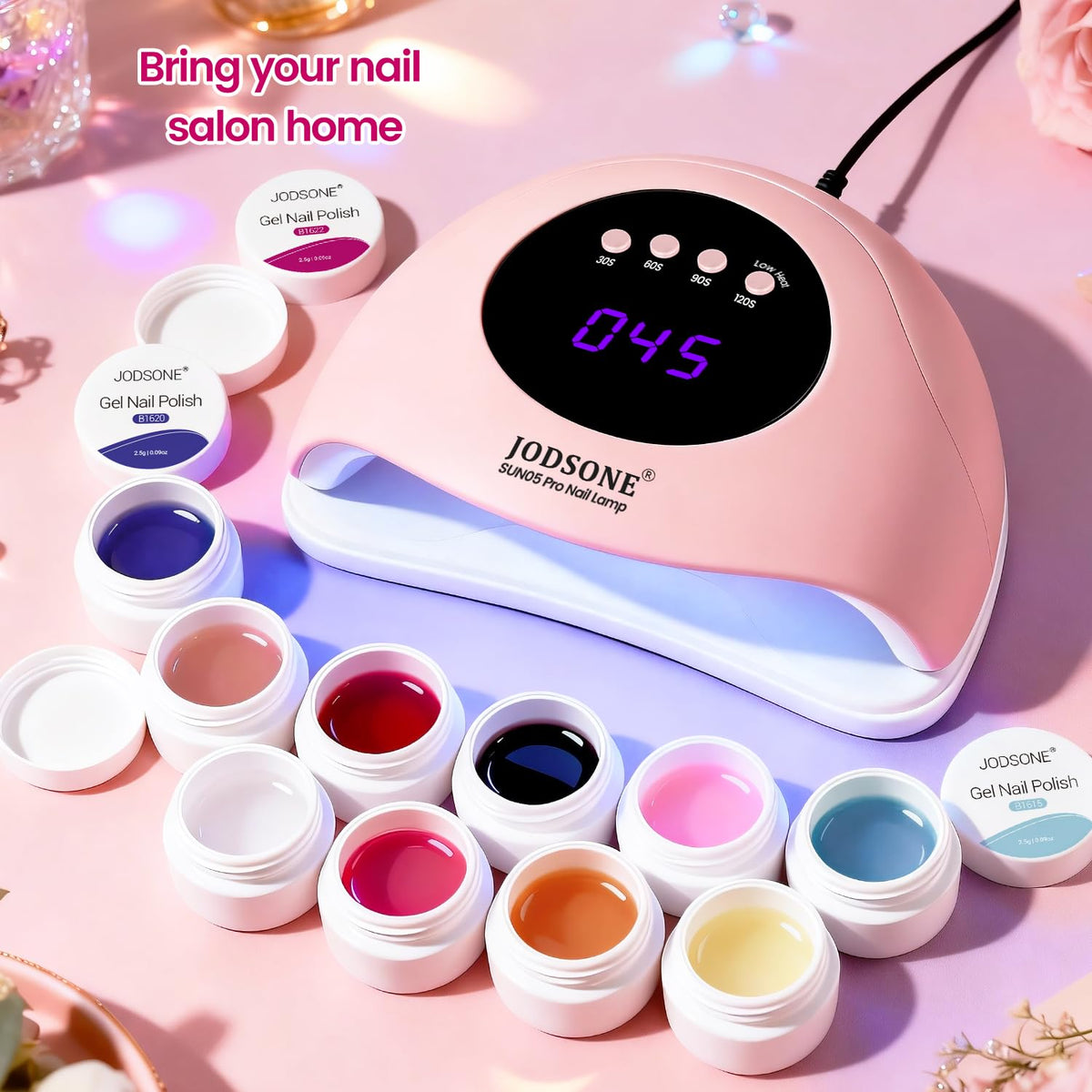 JODSONE open pots displaying vibrant color range for diverse nail designs