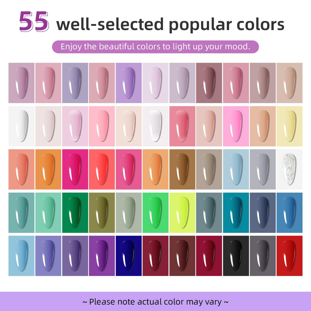JODSONE color swatch array displaying 55 gel shades for versatile looks