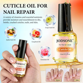JODSONE cuticle remover liquid bottle demonstrating softening of dead skin before trimming