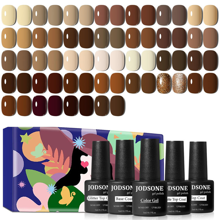 jodsone front packaging showing 32 colors and included top coats, clear overview benefit