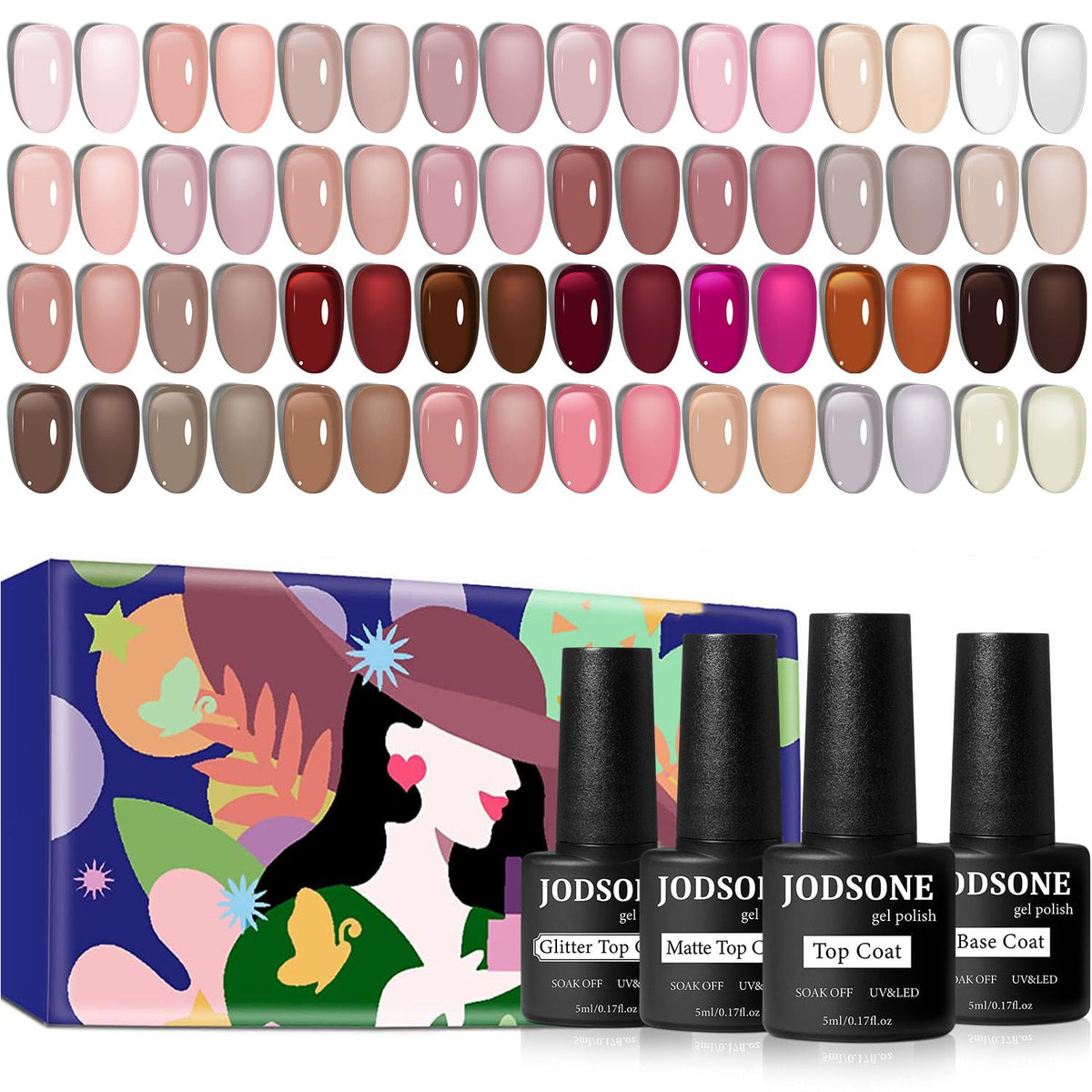 JODSONE front packaging showing 32 jelly gel bottles and four top coats, organized for quick selection