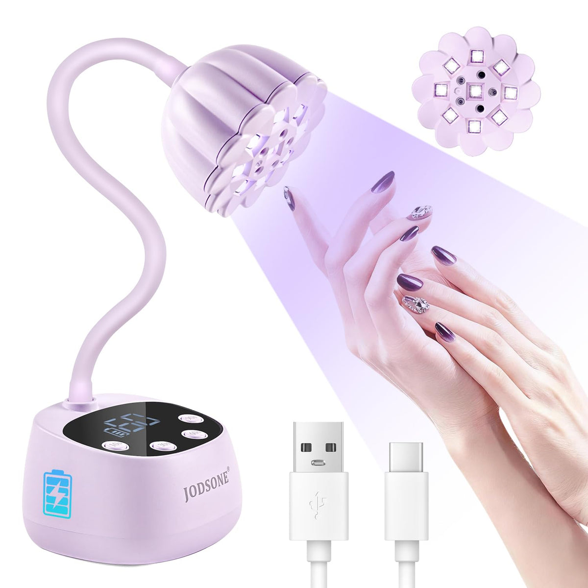 JODSONE front view lavender lamp showing compact design and fast curing benefit