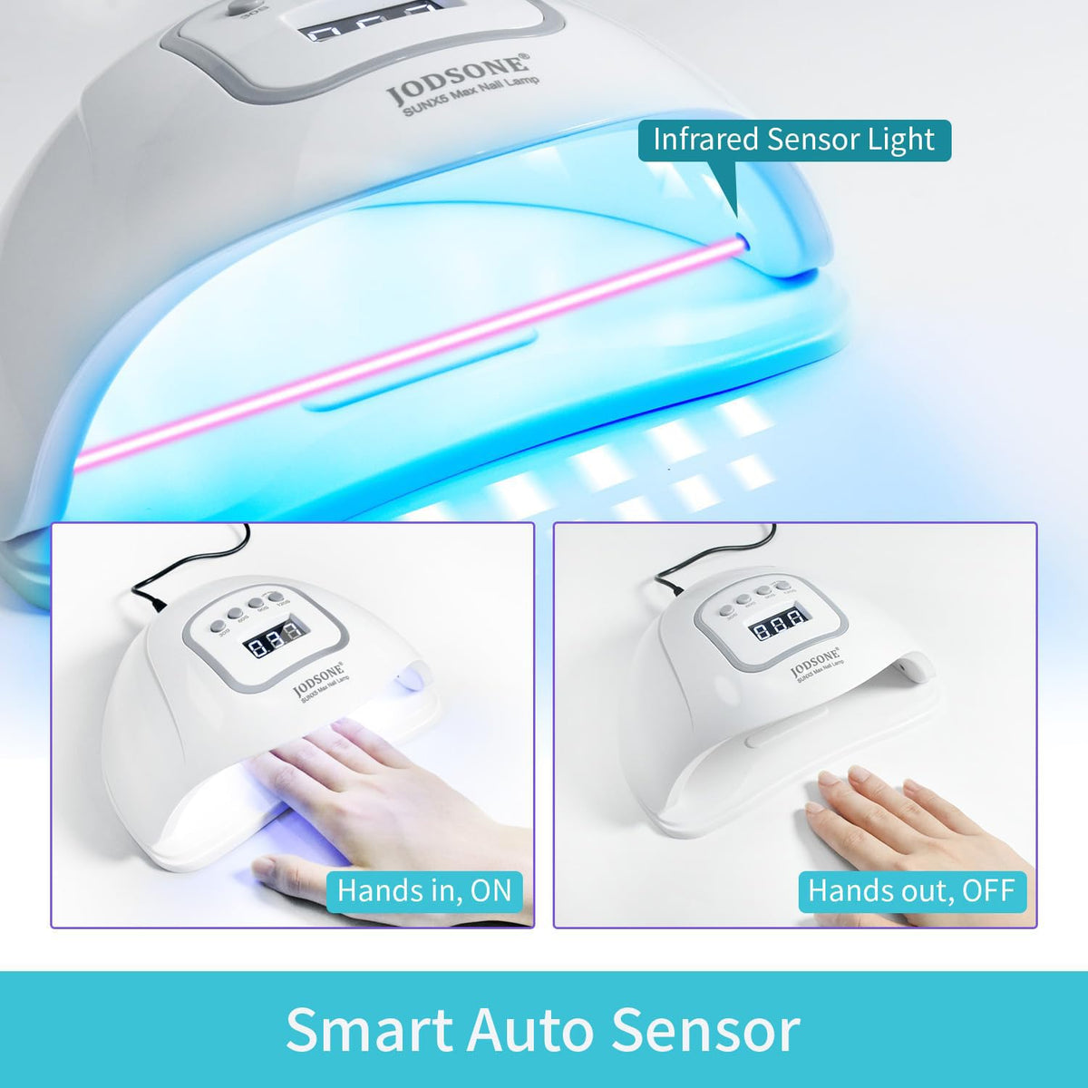 JODSONE hand inside lamp curing nails, illustrating quick at-home manicures