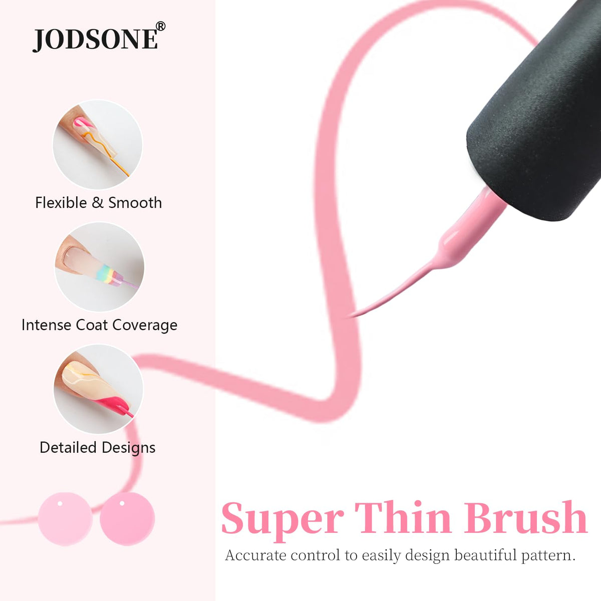 JODSONE size comparison next to finger showing compact bottles and control