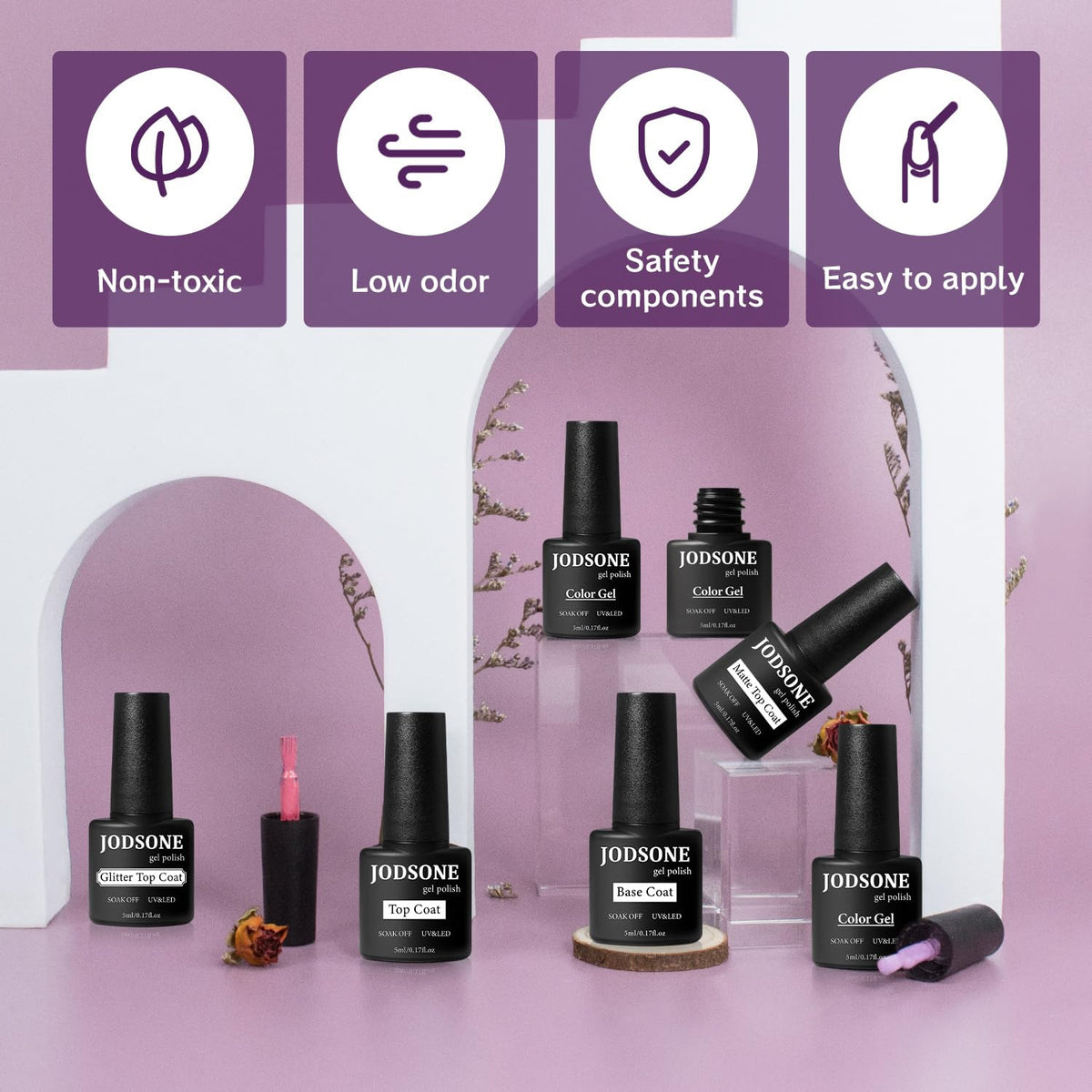 JODSONE matte gloss glitter top and base coats grouped for finish options