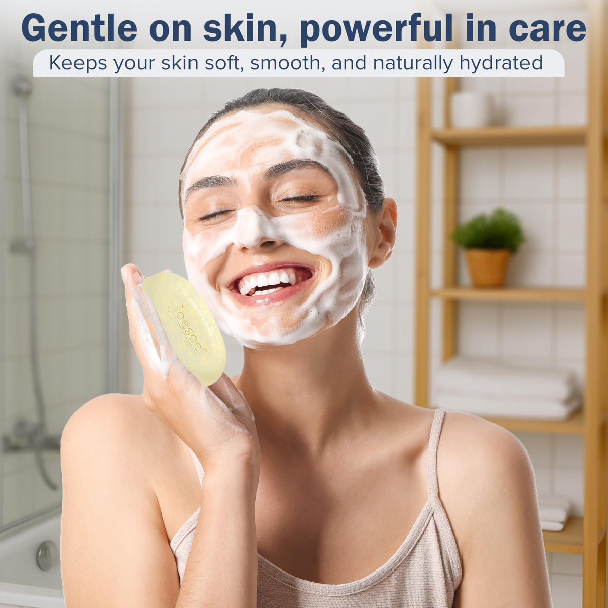 JOESOEF SKIN CARE soap held in hand for scale to show actual bar size
