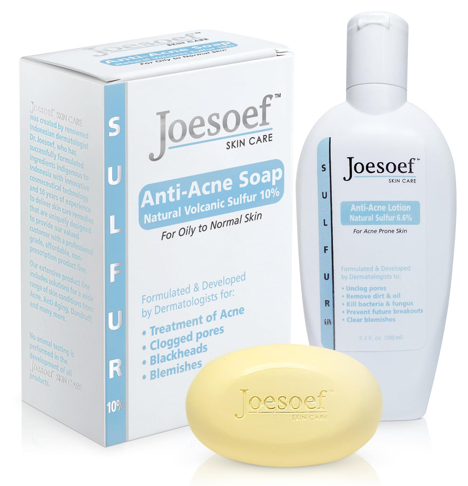 JOESOEF front packaging showing sulfur soap duo and benefits