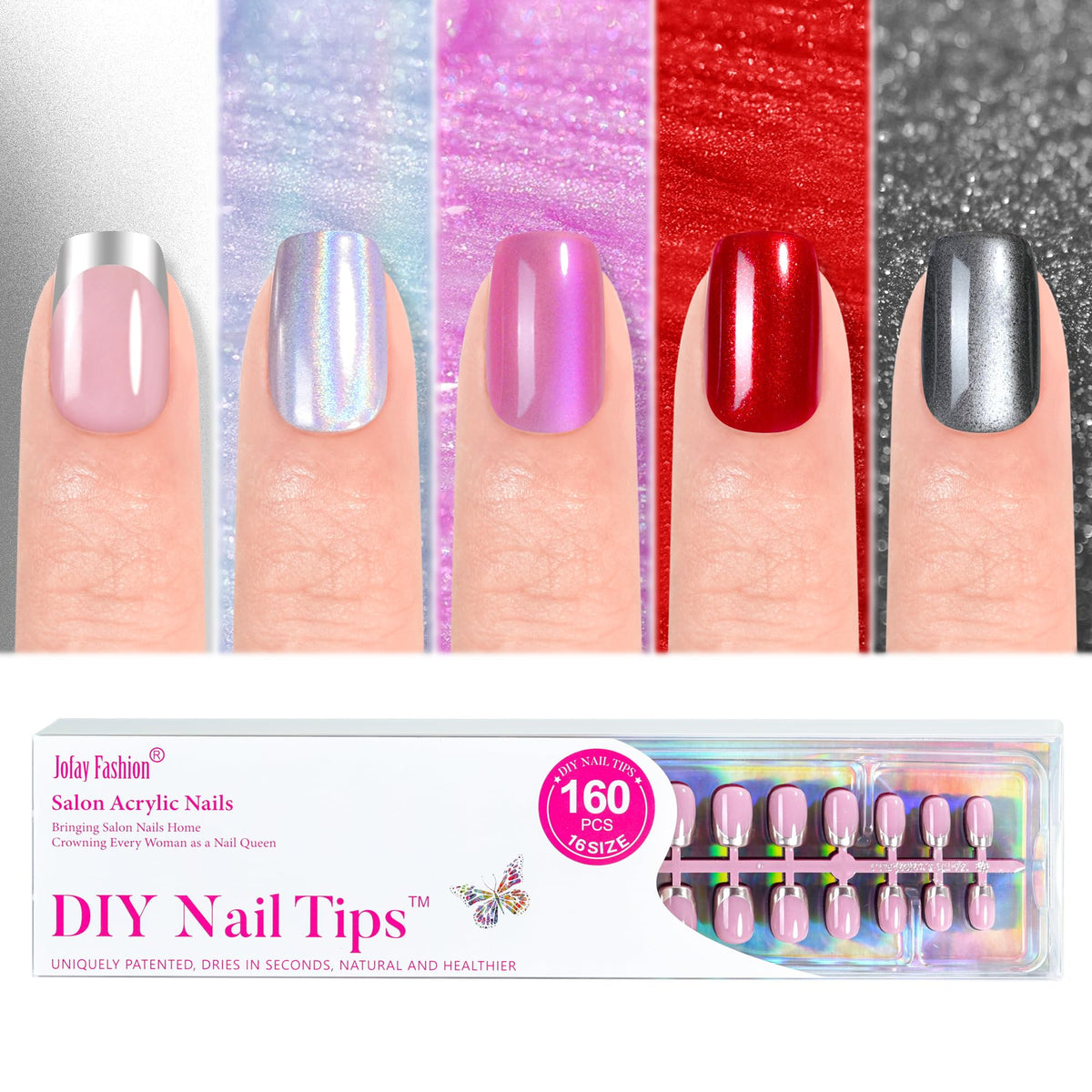 Jofay Fashion front packaging showing full 160-piece nail kit and convenience