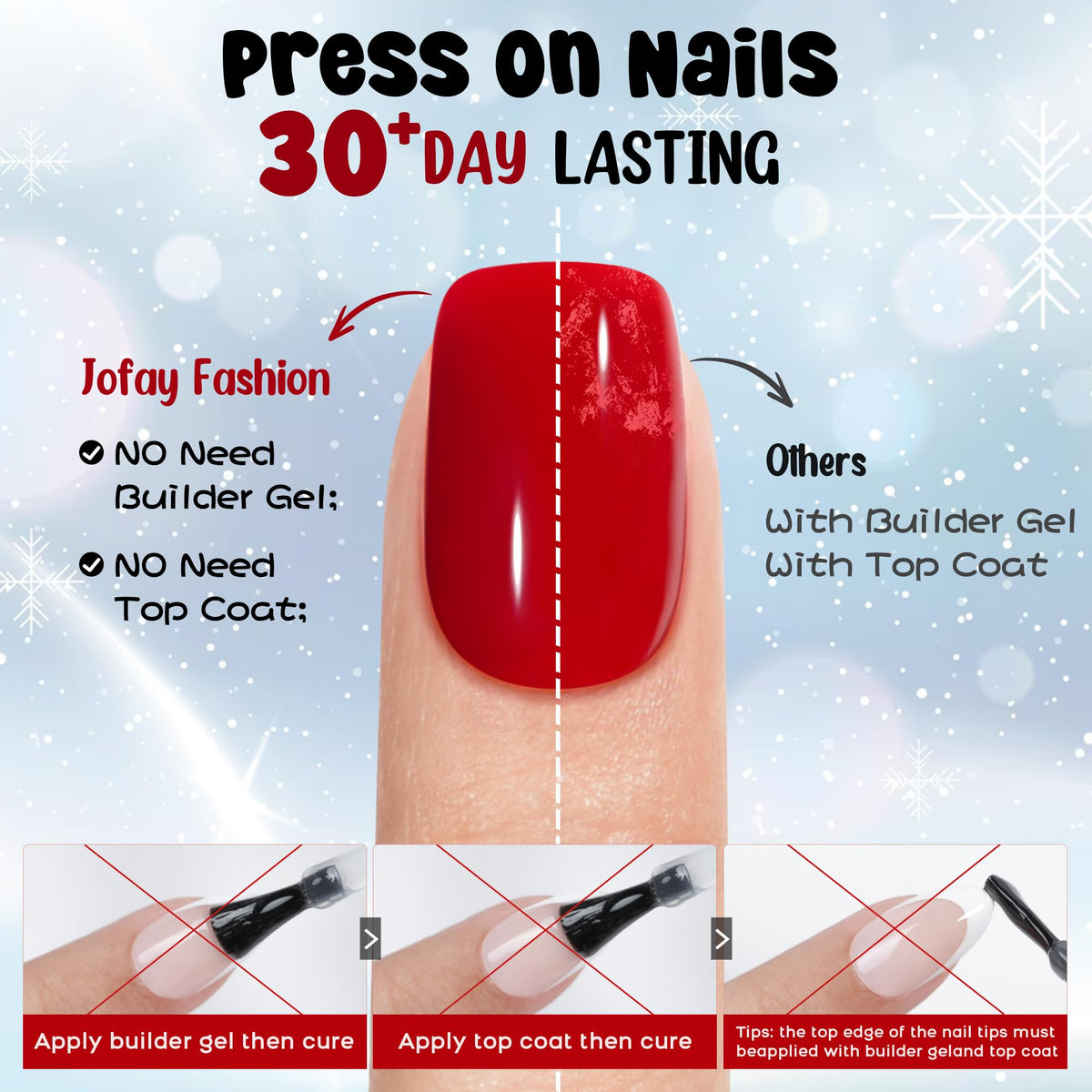 Jofay Fashion model applying red press on nail demonstrating fast ten-minute application