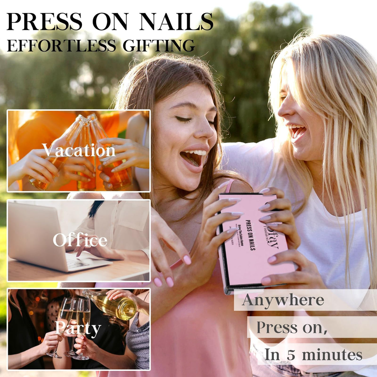 Jofay Fashion size comparison and swatch board demonstrating nail sizing and fit for accurate selection