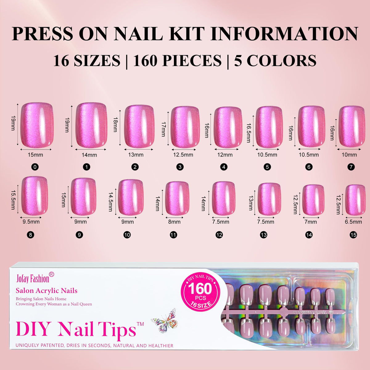 Jofay Fashion size comparison layout showing multiple nail sizes for better fit