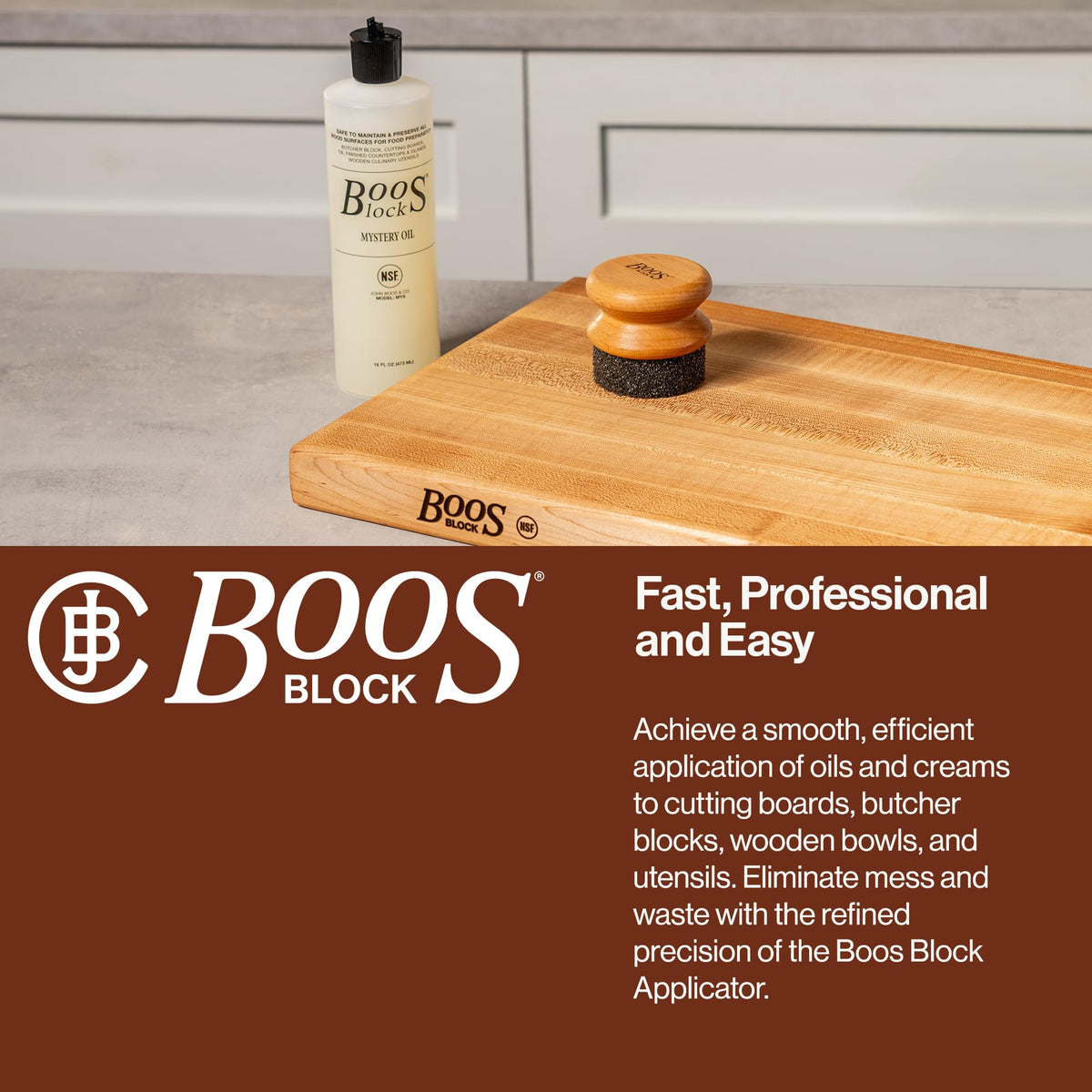 John Boos applicator in use conditioning a butcher block for smoother cutting surface