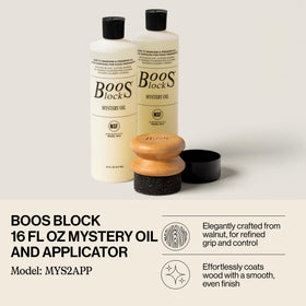 John Boos Mystery Oil bottle label close-up highlighting food-safe formulation and volume