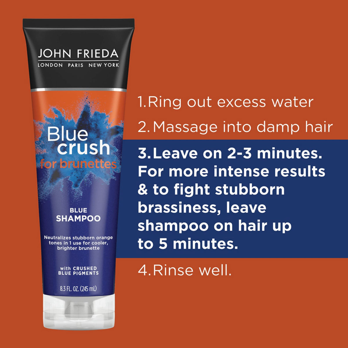 John Frieda before and after brunette strands showing cooler tone