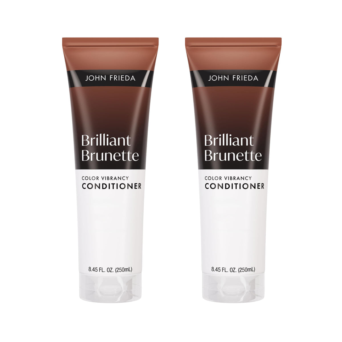 John Frieda front packaging showing product and vibrant brunette benefit