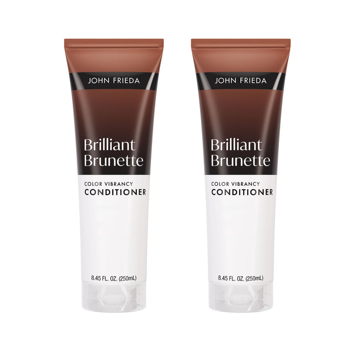 John Frieda front packaging showing product and vibrant brunette benefit